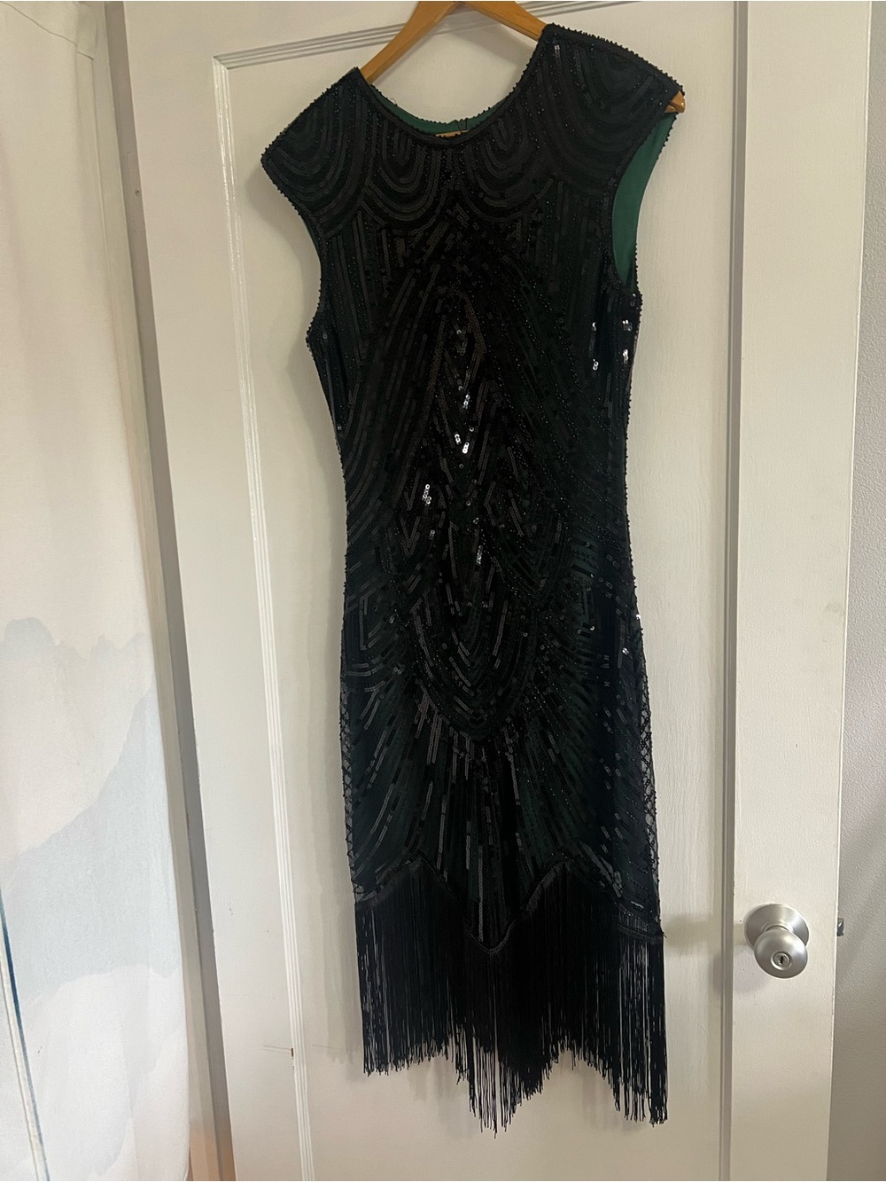 Women's Black and dark green Beaded Fringe Cocktail Flapper Dress